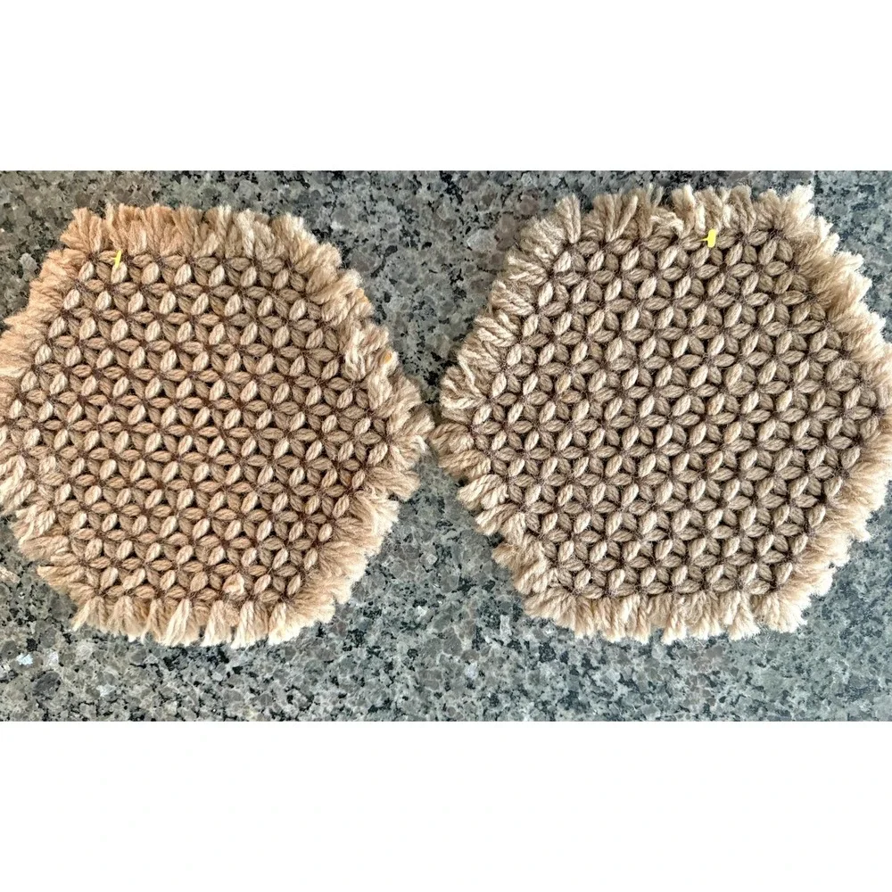 Vintage Handmade Daisy Loom Yarn Hot Pads Hexagon Trivets Brown Tan Set of 2